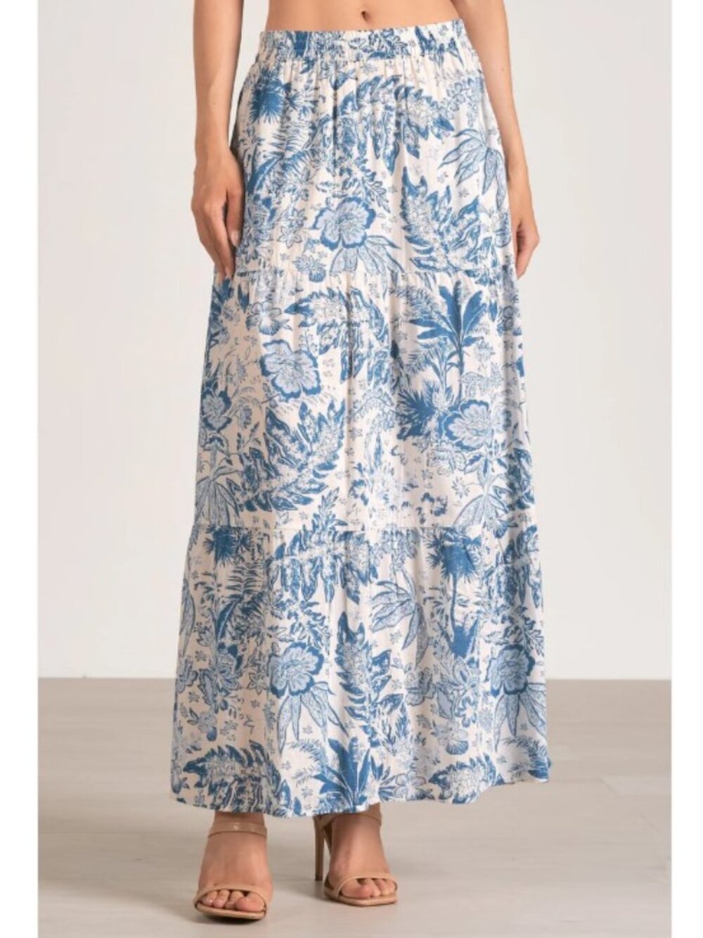 Elan Blue & White Tropical Floral Tiered Maxi Skirt 100% Cotton Elastic Waist S